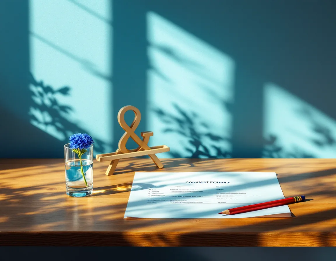 A printed consent form with a red pencil and a single blue flower on a sunlit desk